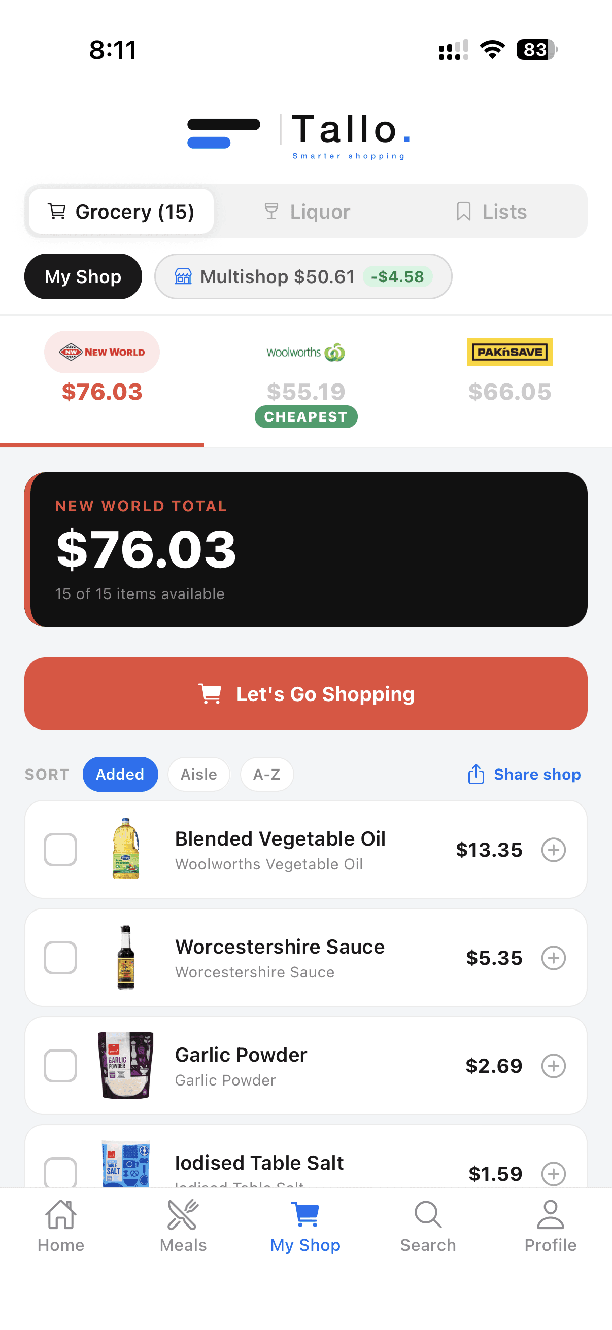 Tallo My Shop comparing grocery totals