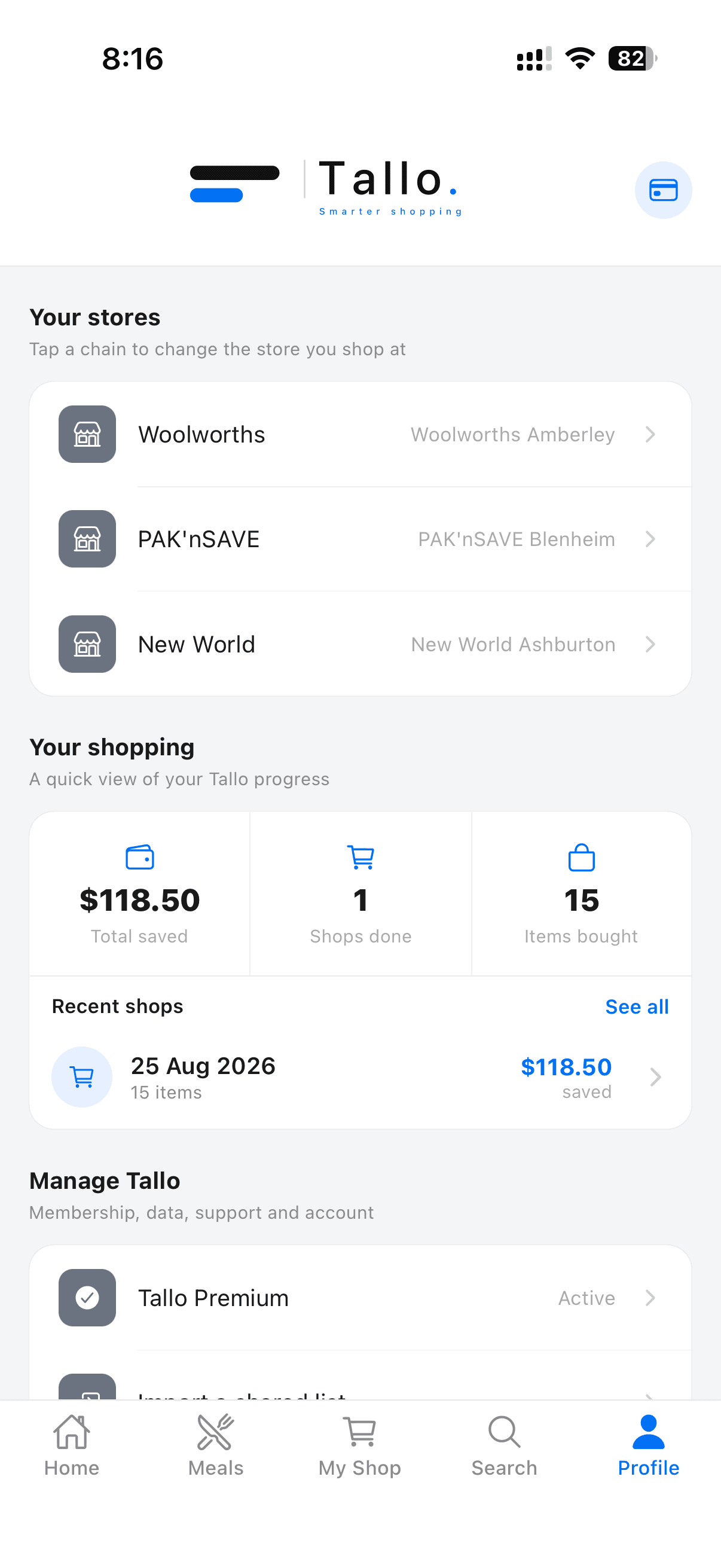 Tallo profile showing savings and recent shops