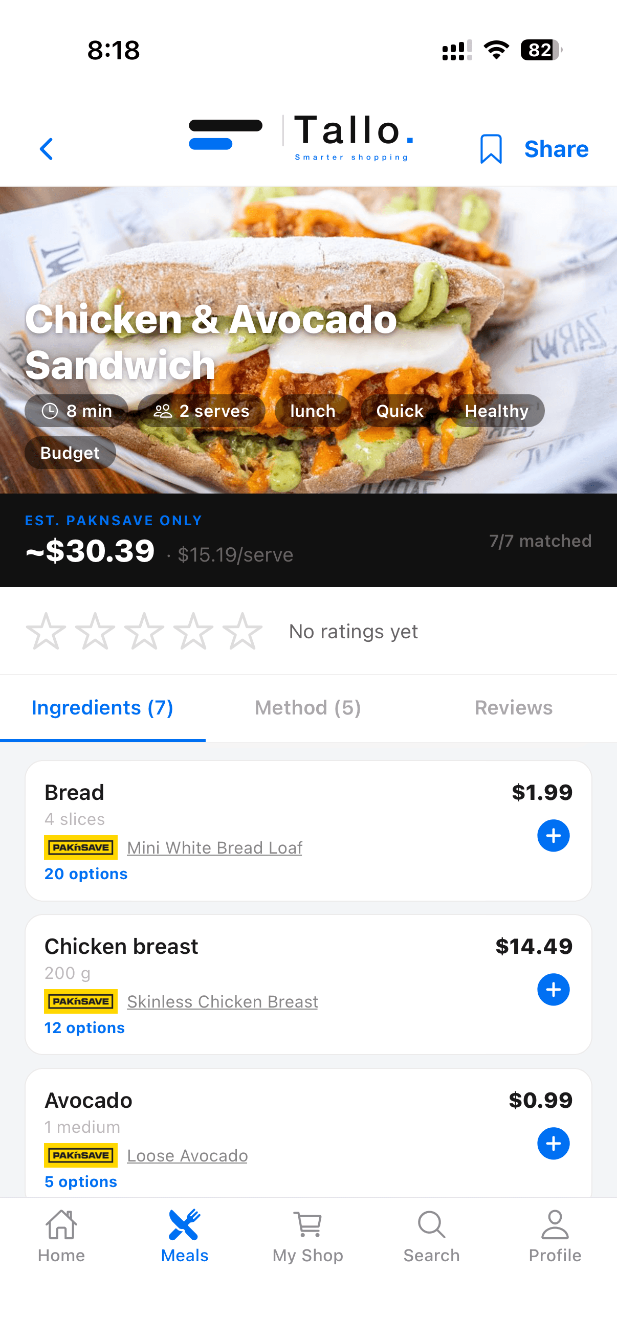 Tallo recipe with live ingredient pricing