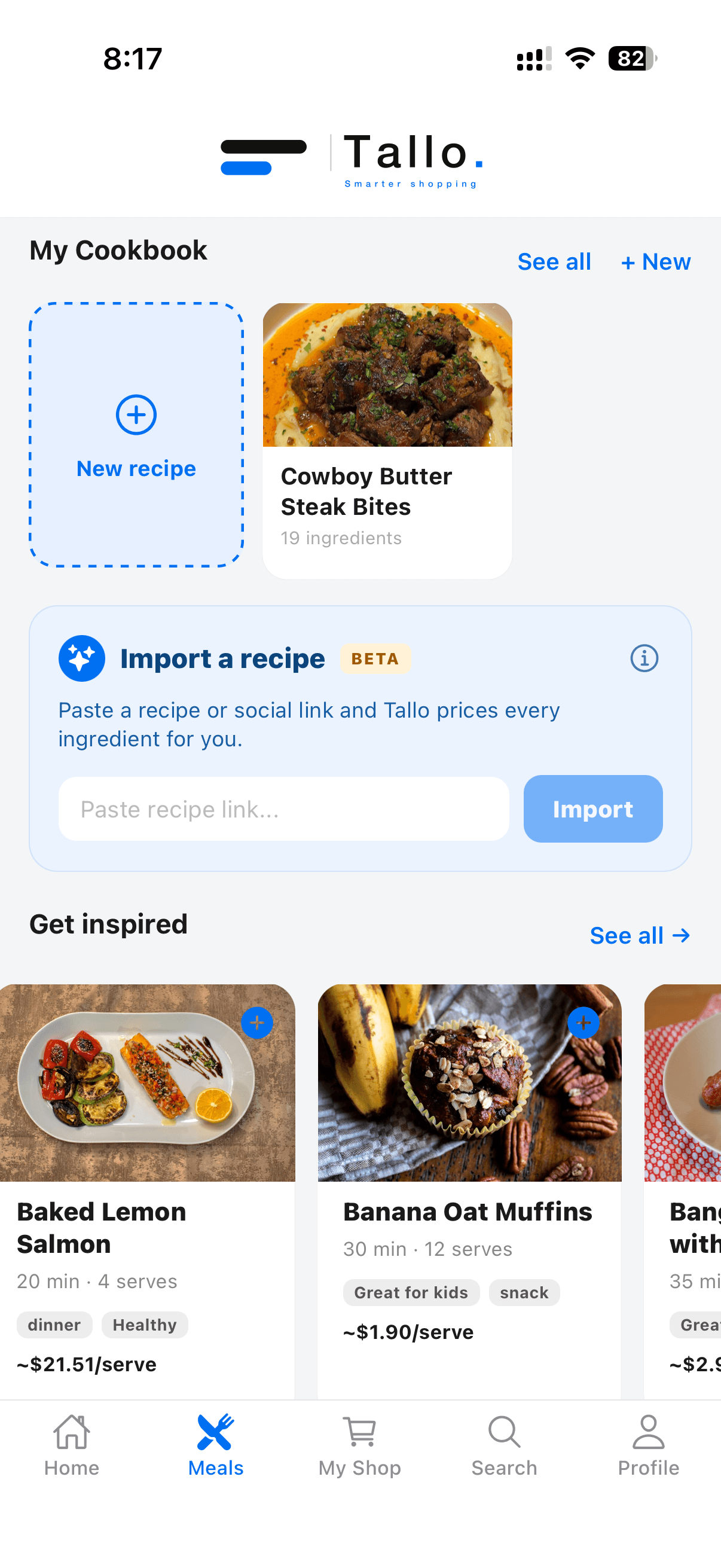 Tallo screen for importing a recipe link
